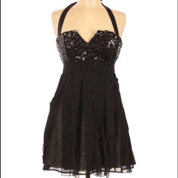 BEBE Sequin Halter CARWASH Fringed LBD Little Black MINI Cocktail DRESS S - Picture 3 of 3